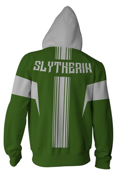 Harry Potter 3D Badge Letter SLYTHERIN Print Colorblock Long Sleeve Sports Zip Up Green Drawstring Hoodie