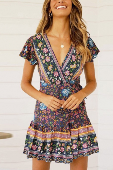 Holiday Summer Ethnic Floral Printed V-Neck Short Sleeve Tied Waist Mini A-Line Dress for Women