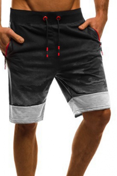 Hot Popular Camouflage Print Drawstring-Waist Patched Detail Zip Pocket Mens Sport Running Sweat Shorts
