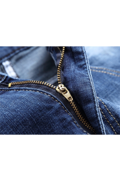 Men's Fashion Applique Badge Flag Letter Patched Knee Destroyed Blue Ripped Jeans