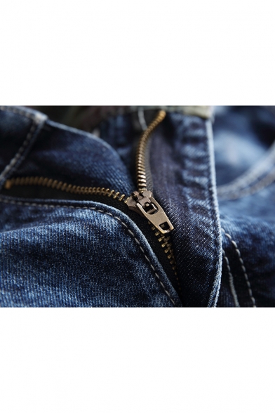 Men's Hot Fashion Camo Applique Patched Slim Fit Ripped Jeans