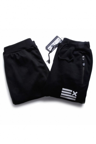 Men's Logo Print Zip Pocket Pleated Knee Detail Drawstring Waist Casual Black Sweatpants