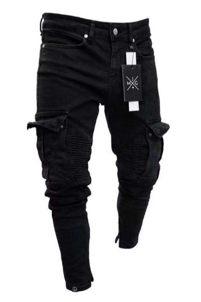 Men's New Stylish Pleated Flap-Pocket Side Stretch Skinny Fit Black Cargo Jeans