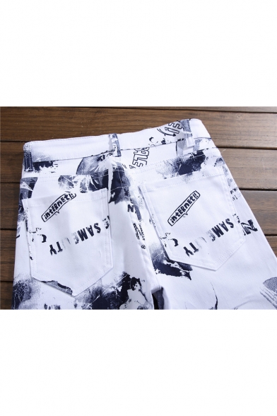 Men's New Trendy Printed Rolled Cuff Stretch Slim Fit White Jeans