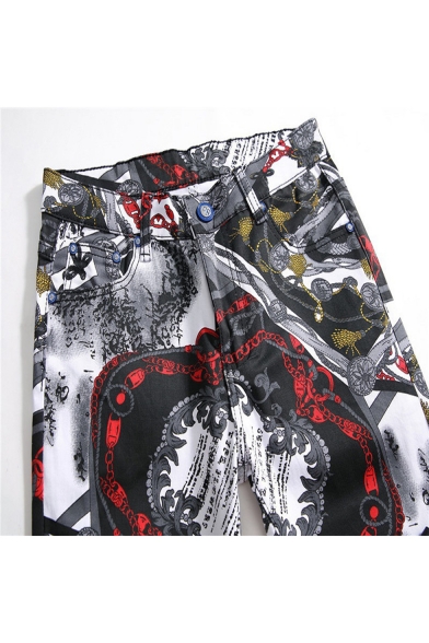 Men's Retro 3D Chain Tribal Floral Printed Rolled Cuff Stretch Fit Black Jeans