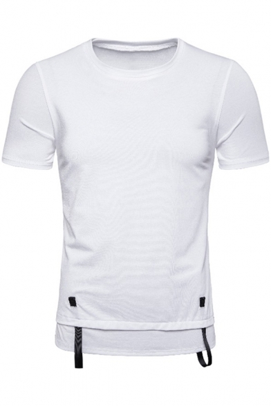 Men's Simple Plain Ribbon Patched Round Neck Short Sleeve Leisure Tee