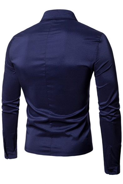 Men's Stylish Fake Two-Piece Long Sleeve Plain Fitted Double Breasted Placket Patchwork Asymmetric Shirt