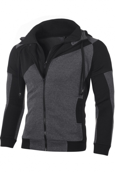 Mens Cool Stylish Colorblock Double Layered Zip Closure Fitted Hoodie