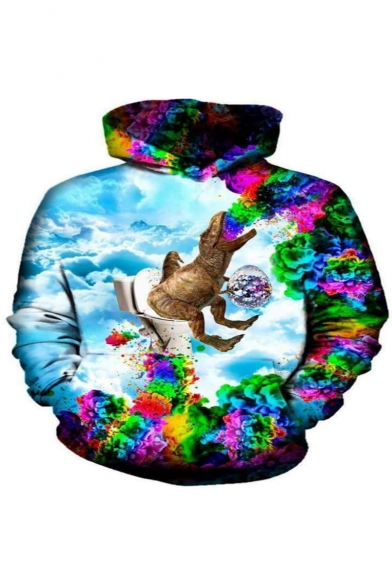 Mens Funny 3D Dinosaur Pattern Colorful Long Sleeve Pullover Hoodie