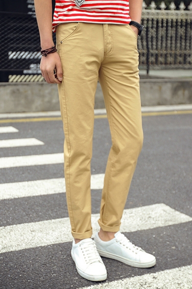 Mens New Stylish Basic Solid Color Rolled Hem Slim Fit Cotton Chinos Pants