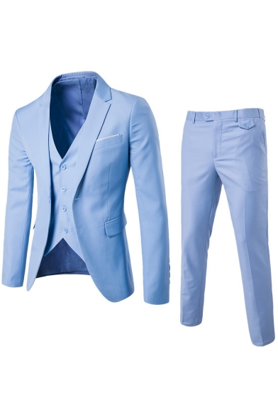 Mens Plain Long Sleeve Notched Lapel Single Breasted Slim Fit Wedding Dress Three-Piece Suit