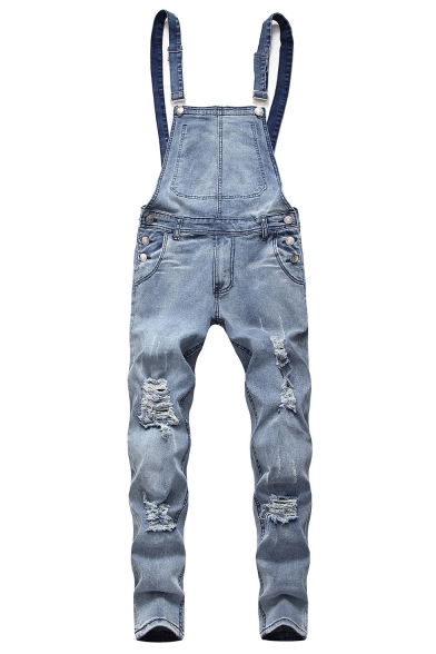 Mens Popular Basic Plain Washed-Denim Ripped Destroyed Slim Fit Overall Jeans