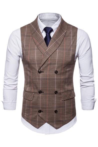 Cromoncent Mens Checkered Double-Breasted Blazer Lapel Sport Coat Waistcoat Vest