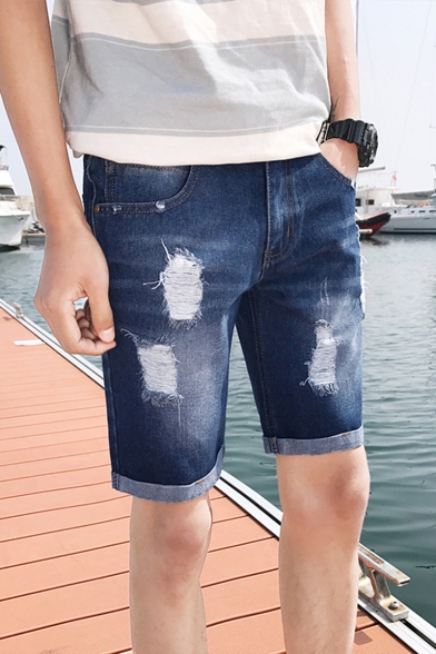 Mens Summer Trendy Ripped Detail Rolled Cuff Classic Fit Blue Denim Shorts