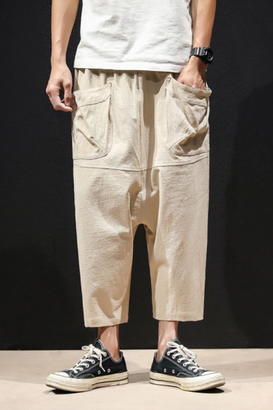 Mens Unique Elastic-Waist Large Pocket Plain Cotton and Linen Loose ...