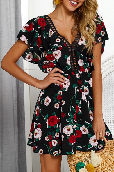 New Arrival Floral Pattern V-Neck Hollow Out Black Mini A-Line Beach Dress