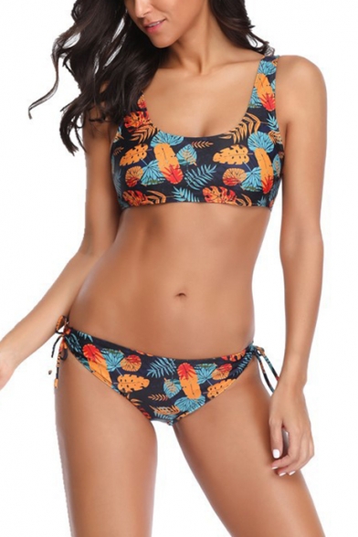 New Fashion Tropical Floral Printed Sleeveless Cut Out Bikini Swimwear
