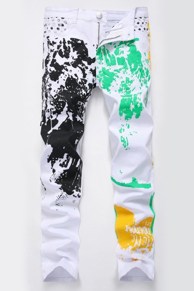 New Stylish Colorful Splash-Ink Smile Face Printed Stretch Fitted White Jeans for Men