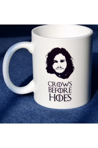 New Stylish Figure Letter CROWS BEFORE HOES Printed White Ceramic Mug Cup