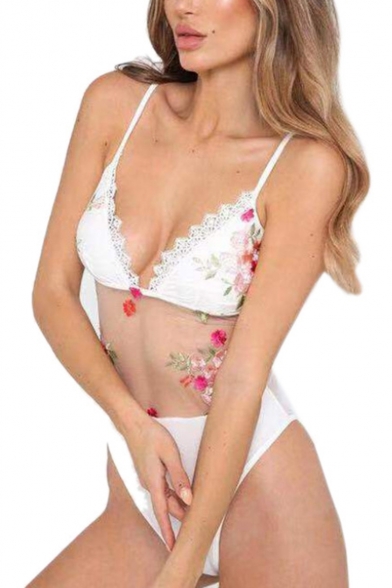 New Trendy Floral Embroidered Mesh Insert Spaghetti Straps White Sexy One Piece Swimwear