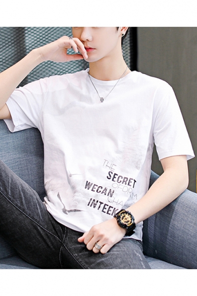 Popular Letter Bird Printed Cotton Short Sleeve Mens Breathable Casual T-Shirt