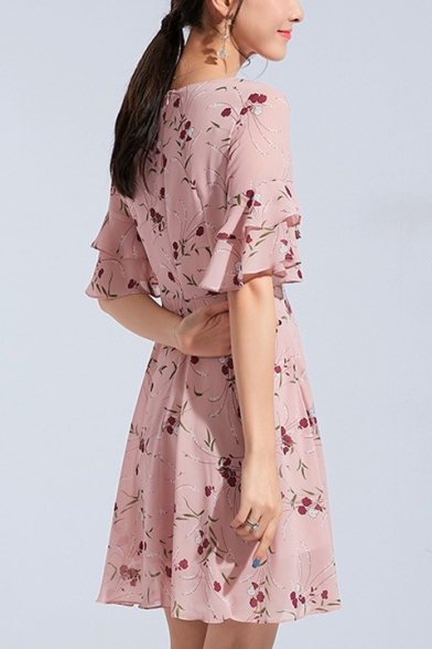 Retro Floral Printed V-Neck Ruffle Sleeve Pink Elegant Mini A-Line Chiffon Dress