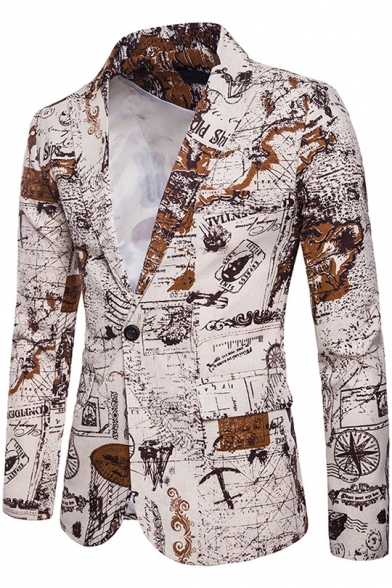 Retro Marine Chart Print Lapel Collar Long Sleeve Single Button Khaki Blazer Jacket for Men