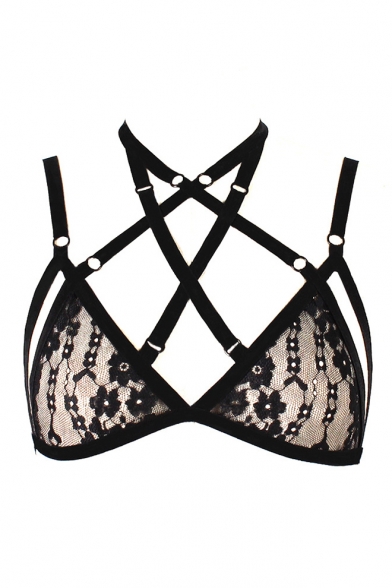 Sexy Hollow Out Black Lace Crisscross Straps Harness Bra Top