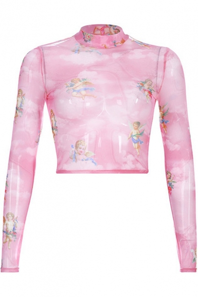 Sexy Transparent Mesh Mock Neck Long Sleeve Cute Angel Baby Printed Cropped T-Shirt