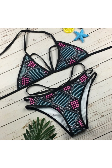 Sexy Trendy Hollow Out Geometry Printed Halter Bikini