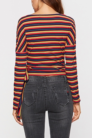 Sexy V-Neck Long Sleeve Color Block Stripes Tied Hem Cropped Knit Tee Top