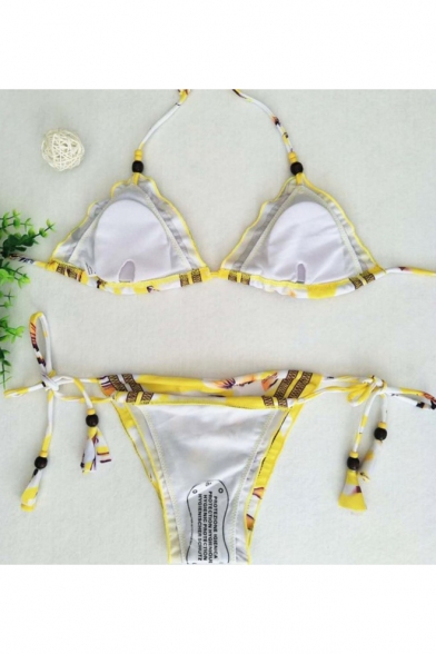Sexy Women's Ethnic Tribal Printed Spaghetti Straps Tied Sides String Yellow Bikinis