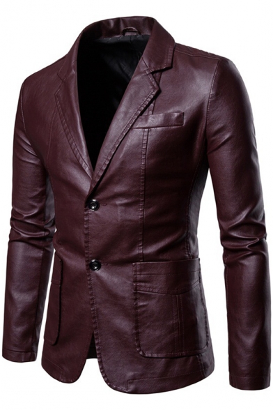 Solid Notched Lapel Collar Double Buttons Long Sleeve Slim PU Blazer Coat for Men