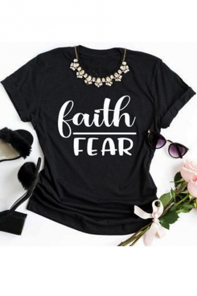 Street Letter FAITH FEAR Pattern Basic Short Sleeve Black T-Shirt