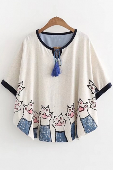 Stylish Cat Claw Printed Tassels Tied Front Half Sleeve Round Hem Relaxed T-Shirt