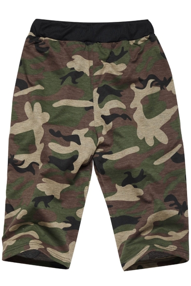 Summer Trendy Camo Print Drawstring-Waist Zip Pockets Fitness Running Shorts Sweat Shorts for Men