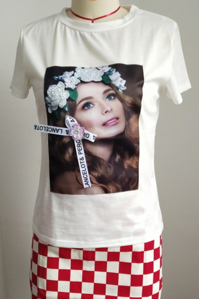 Summer Trendy Figure Letter Floral Patched Round Neck Short Sleeve Casual White T-Shirt
