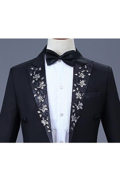 Trendy Floral Applique Peak Lapel Long Sleeve Black Prom Tuxedo Suit Tailcoat Set for Men