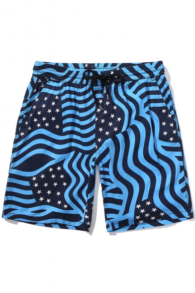 Unique Wave Stripe Stars Printed Summer Holiday Cotton Loose Surfing Beach Shorts for Guys