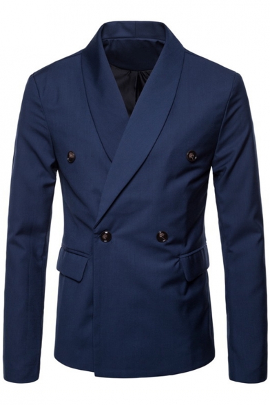 Vintage Plain Shawl Collar Double-Breasted Long Sleeve Mens Blazer Coat