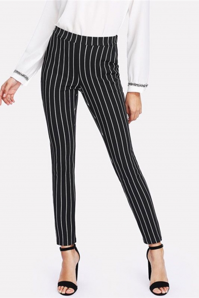 Women's Vertical Stripe Print Fitted Black Pencil Pants