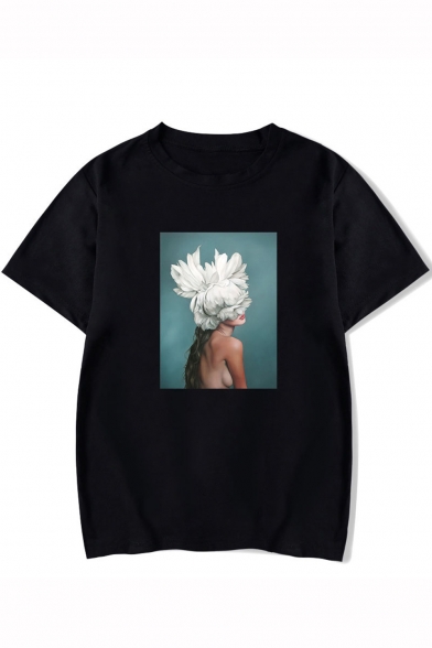 Aesthetics Hot Fashion Short Sleeve Round Neck Figure Floral Printed Unisex Loose T-Shirt