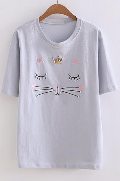 Cartoon Cute Cat Heart Embroidered Patchwork Relaxed Fit Short Sleeve Round Neck T-Shirt