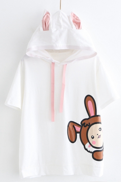 Cartoon Rabbit Pattern Short Sleeve Drawstring Hood Relaxed T-Shir