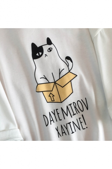 Chic Cartoon Cat Letter Printed Round Neck Short Sleeve Loose Casual T-Shirt