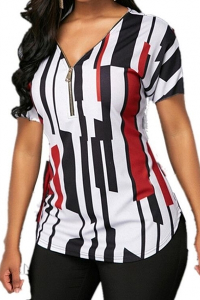 Fashion Colorblock Striped Printed Zipper Front Short Sleeve T-Shirt