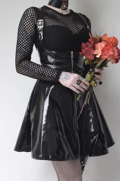 Fashion Cool Plain Straps Sleeveless Zipper Front Black Mini PU Overall Dress