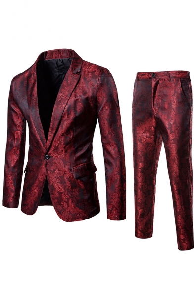Fashion Dark Grain Printed Long Sleeve Single Button Lapel Mens Suit Set