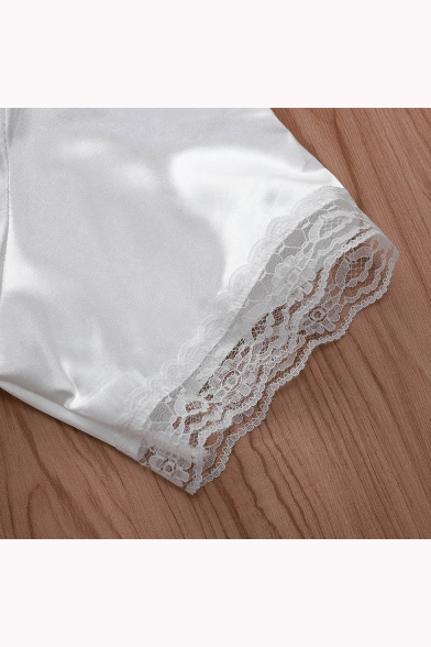 Fashionable Short Sleeve Tied Front White Lace Patched Crop Shirt