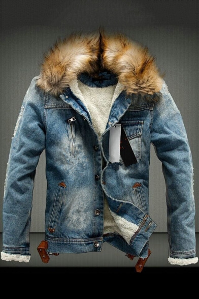 Faux Fur Trim Collar Long Sleeve Button Front Ripped Patched Denim Jacket